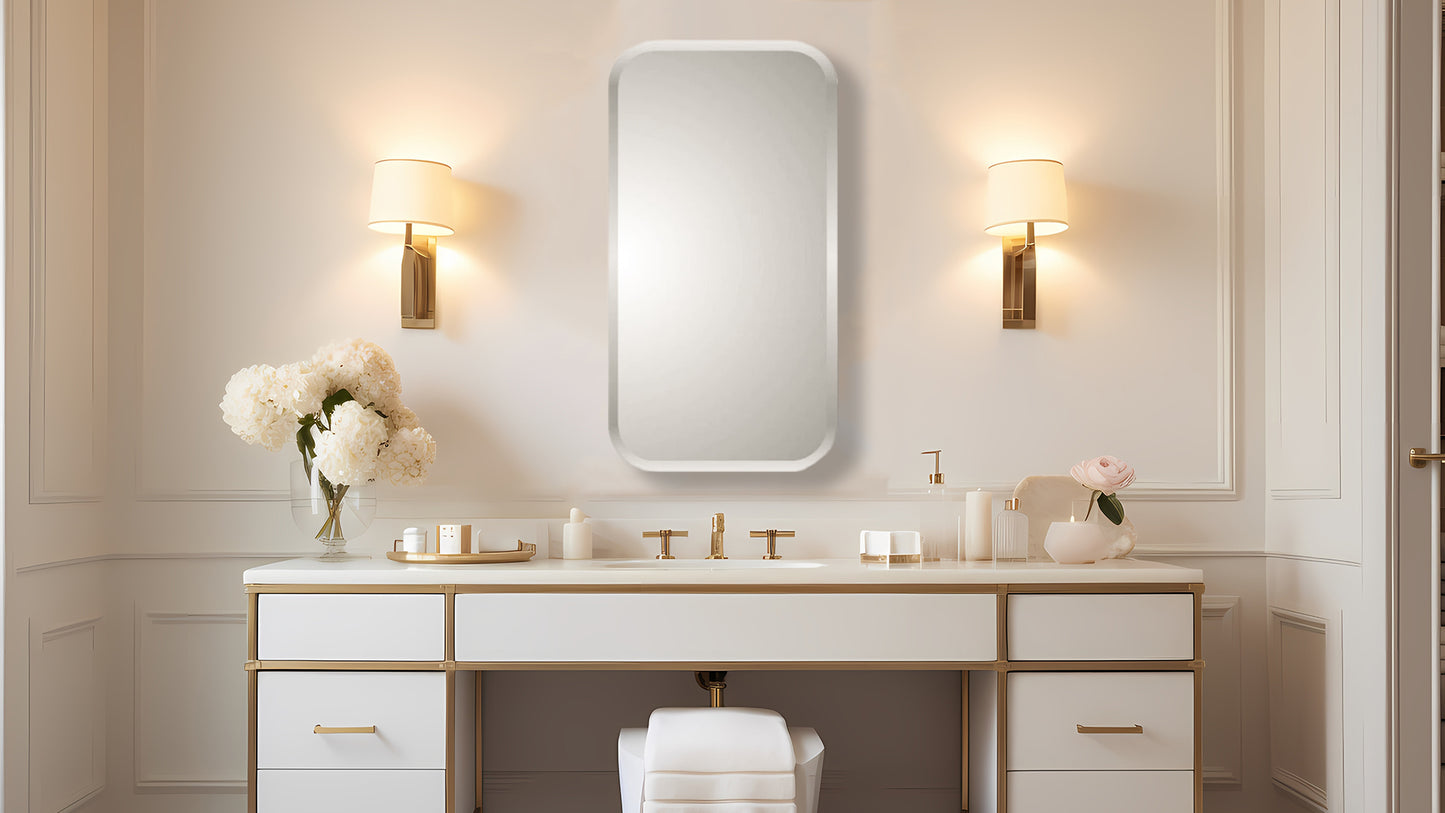 Deco Mia Mid Century Modern Styled Beveled Round Corner Mirror Recessed Bathroom Medicine Cabinet 30”