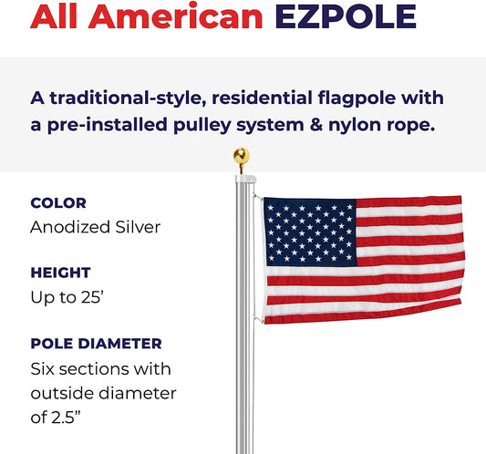 Ezpole 25 foot 2-1/2” Diameter Heavy Duty All American Inground Flag Pole Kit